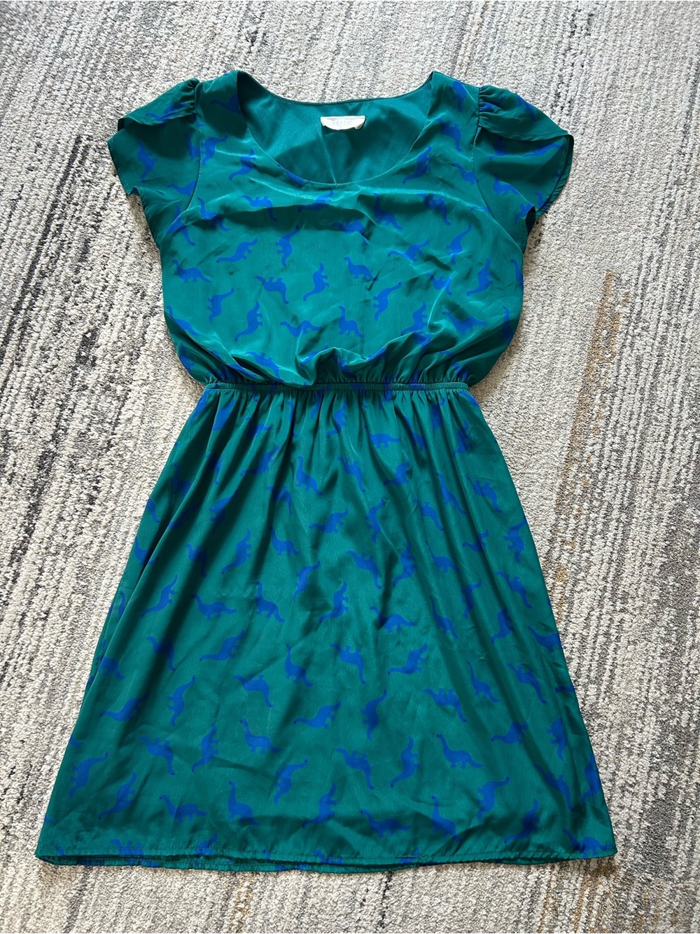 Peach Love Green Short-Sleeve Elastic-Waist Dress with Dinosaurs
